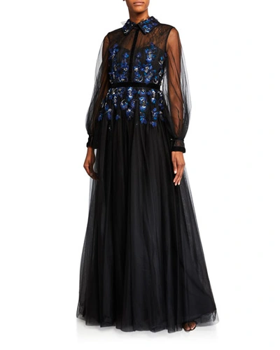 Badgley Mischka Couture Sheer-sleeve Embellished Tulle Shirt Gown In Multi