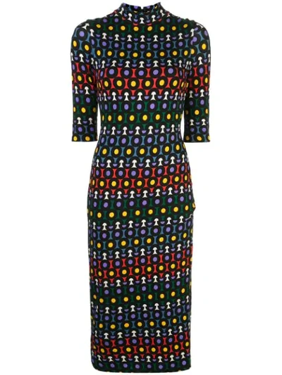 Alice And Olivia Delora Printed Mock-neck Elbow-sleeve Fitted Midi Dress In Multi Dot