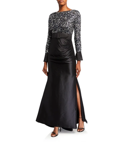 Badgley Mischka Couture Multi Sequin Bodice Long-sleeve Gown W/ Draped Mikado Skirt In Black