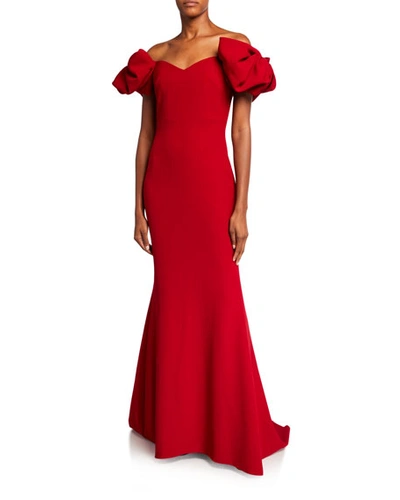 Badgley Mischka Couture Off-the-shoulder 3d Bow-sleeve Mermaid Gown In Ruby