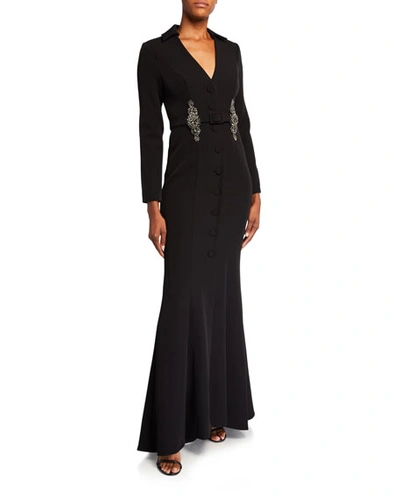Badgley Mischka Couture Deep V-neck Coat Gown W/ Beaded Belt Loops In Black