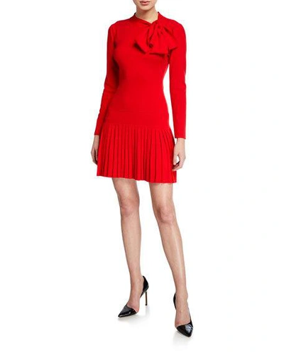 Shoshanna Pierce Tie-neck Long-sleeve Pleated Mini Dress In Red