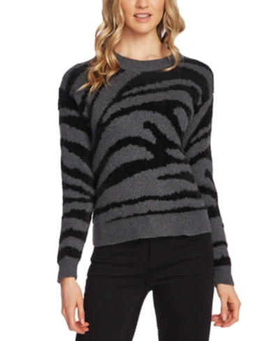 Vince Camuto Fuzzy Zebra Stripe Cotton Blend Sweater In Rich Black