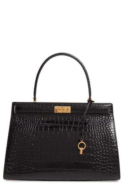 Tory Burch Lee Radziwill Croc Embossed Leather Satchel In Black/gold