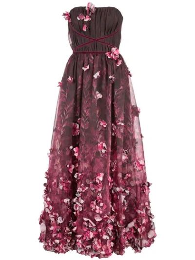 Marchesa Notte 3d Draped Floral Print Organza Tea Length Dress In Purple