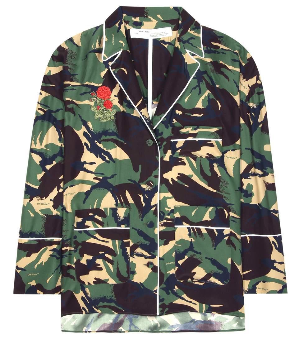 Off-white Camouflage Printed Silk Blouse In Greee Camou All Over | ModeSens