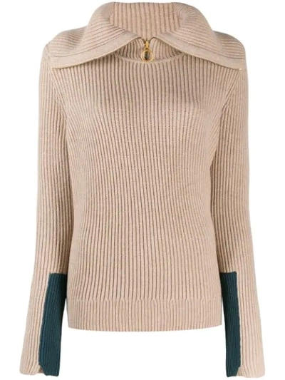 Tory Burch Folded Neck Ribbed Jumper In Neutrals