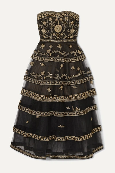 Oscar De La Renta Strapless Tiered Embroidered Tulle Gown In Black/gold