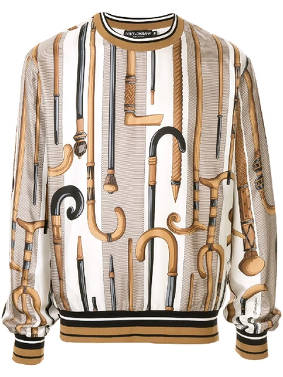 Dolce & Gabbana Silk Sweatshirt With Walking-stick Print In Brown