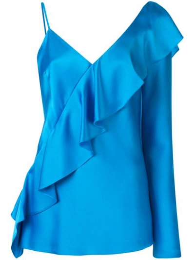 Diane Von Furstenberg Asymmetrical Sleeve Ruffled Front Blouse In Turquoise