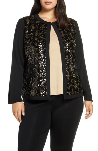 Ming Wang Sequin Front Knit Jacket In Gold/ Black
