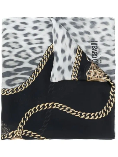 Roberto Cavalli Heritage Jaguar And Jewels Print Scarf In Black