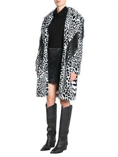 Ainea Eco Fur Animalier Jacket With Studded Fringes In White