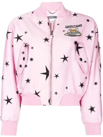 Moschino Satin Bomber Jacket With Teddy Bear Print In Pink