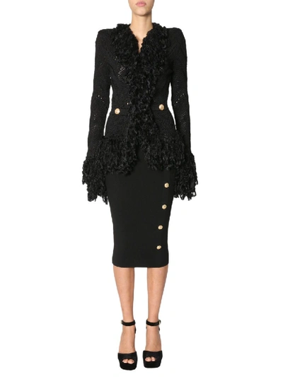 Balmain Knitted Jacket With Fringes In Black