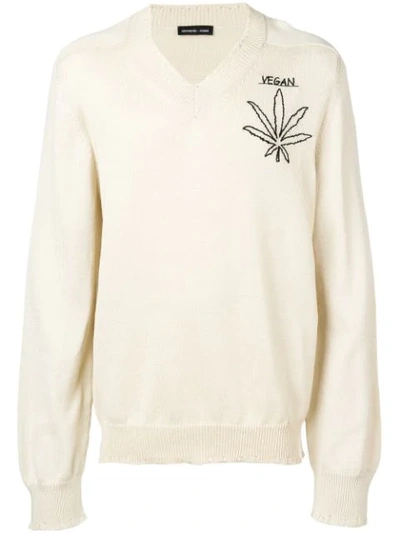 Riccardo Comi V-neck Cotton Jumper With “vegan” Embroidery In Beige