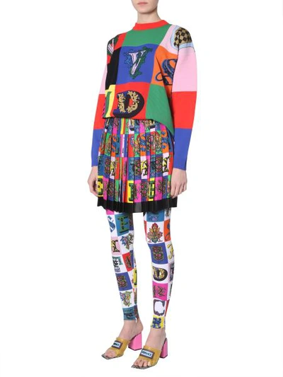 Versace Silk Pleated Skirt With Logo Print In Multicolour