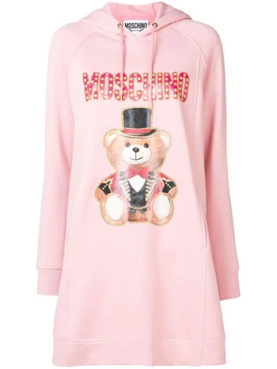 Moschino Cotton Fleece Dress With Hood And Teddy Bear Circus Print In Pink