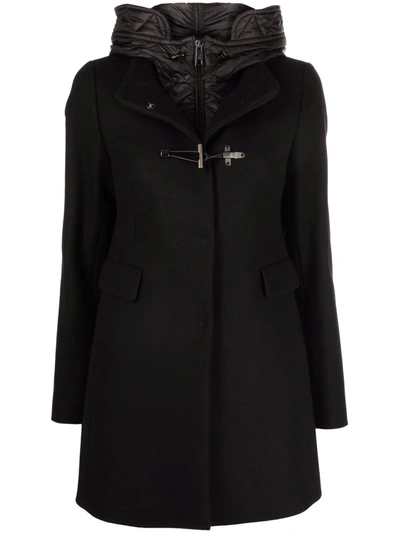 Fay Double Front Hooded Black Coat