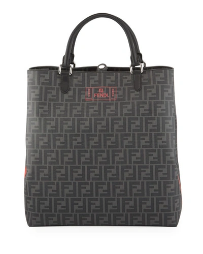 Fendi Men's Ff Canvas Tote Bag With Neon Logo In Black/red