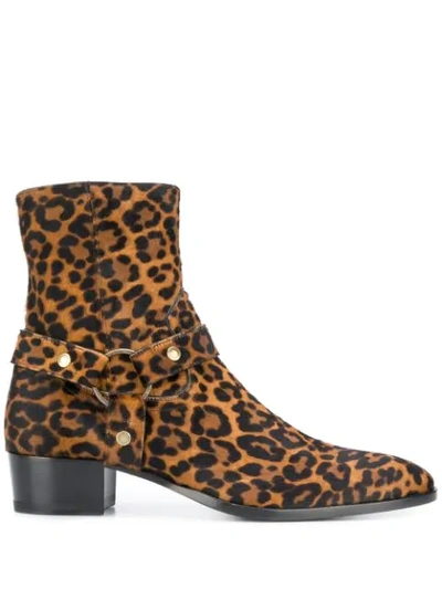 Saint Laurent Men's Wyatt Leopard-print Harness Boots In Brown