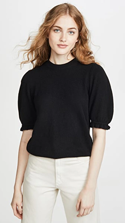Frame Shirred Short Sleeve Cashmere Sweater In Black
