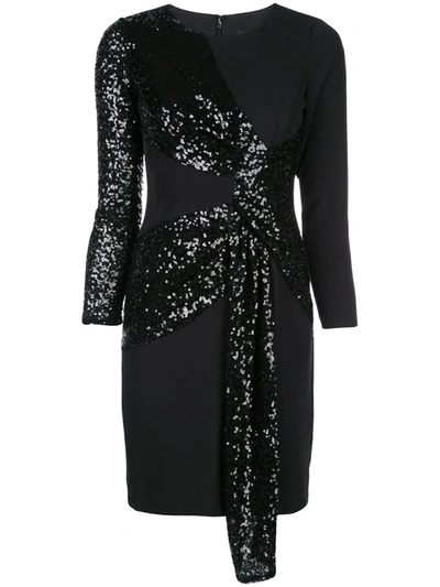 Aidan Mattox Sequin Drape Long-sleeve Crepe Sheath Dress In Black