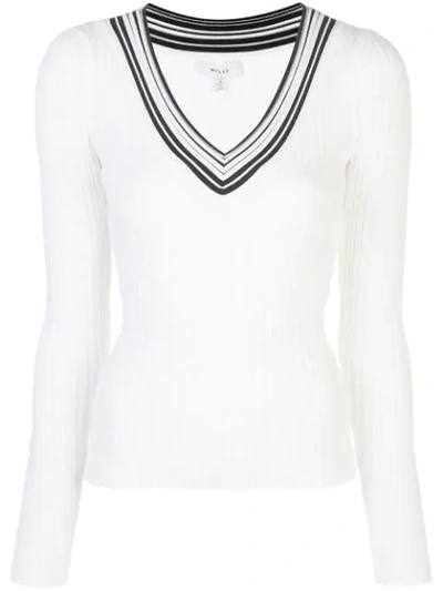 Milly Francesca V-neck Striped-trim Pullover Sweater In White