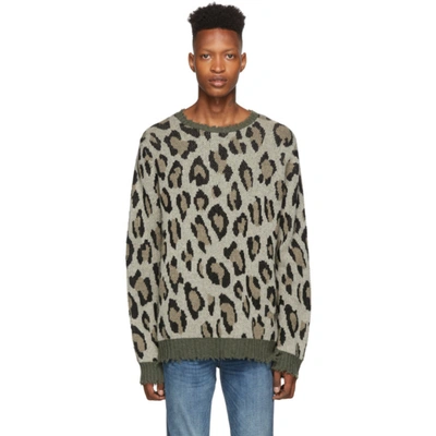 R13 Men's Leopard/camo Raw-edge Crewneck Sweater In Brown