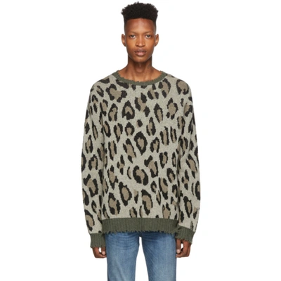 R13 Men's Leopard/camo Raw-edge Crewneck Jumper In Brown