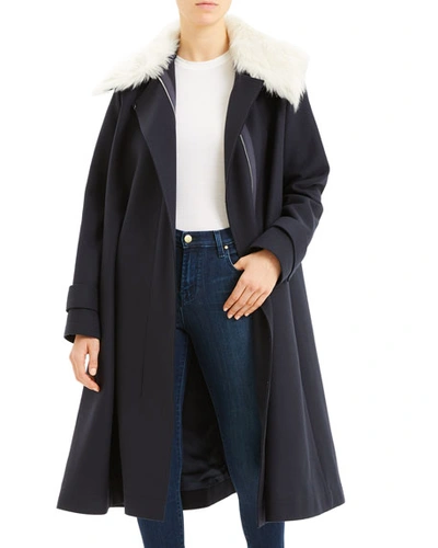 Theory Wool Cloak Coat With Shearling Trim In Navy