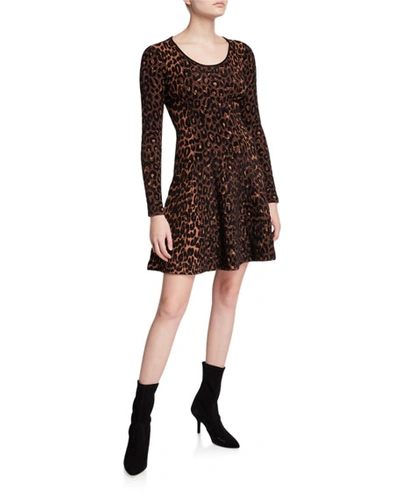 Milly Textured Cheetah Long-sleeve Fit-&-flare Dress In Natural Multi