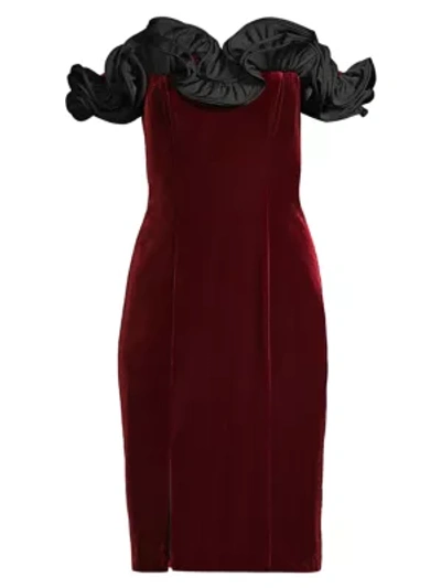 Aidan Mattox Ruffled Off-the-shoulder Velvet Cocktail Dress In Wine