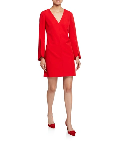 Milly Nicolette V-neck Slit-sleeve Sustainable Cady Dress In Ruby