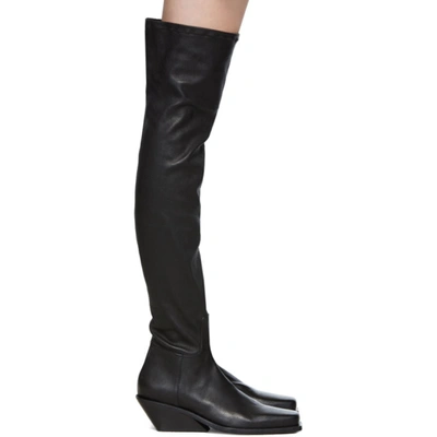 Ann Demeulemeester Square Toe Platform Leather Thigh High Boots In Nero