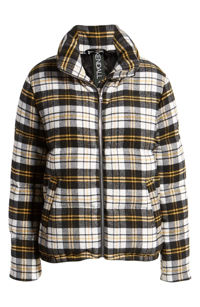Kendall + Kylie Plaid Bomber Puffer Jacket In White/black/yellow