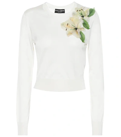 Dolce & Gabbana Lily-embellished Silk Sweater In White