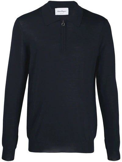 Ferragamo Gancini Zip-up Collar Knitted Sweater In Blue