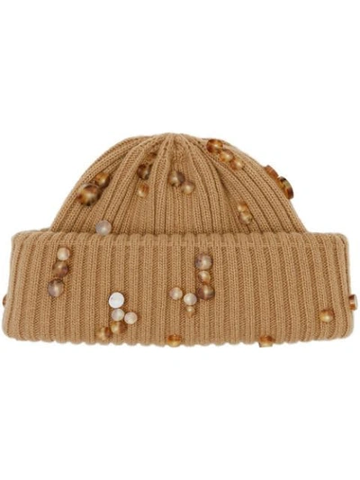 Burberry Embellished Rib Knit Wool Beanie In Brown