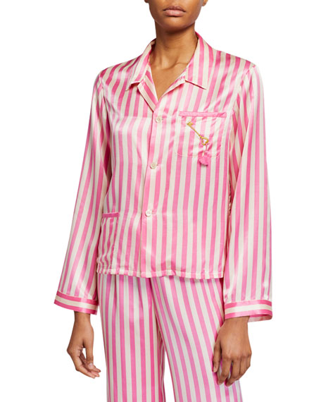 Morgan Lane Ruthie Oxford Stripe Silk Pajama Top In Pink/White | ModeSens