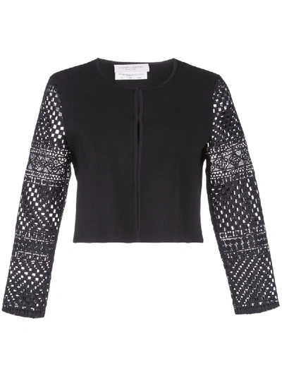 Carolina Herrera Guipure Lace Sleeve Crop Cardigan In Black