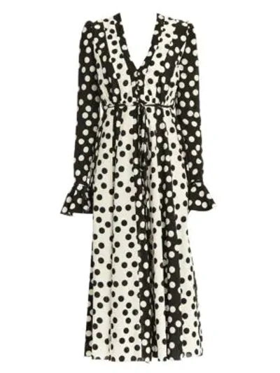 Carolina Herrera Polka Dot V-neck Tie-waist Poet-sleeve Midi Dress In Black White