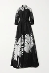 Carolina Herrera Jacquard Silk-tulle Three-quarter Sleeve A-line Shirt Gown In Black White