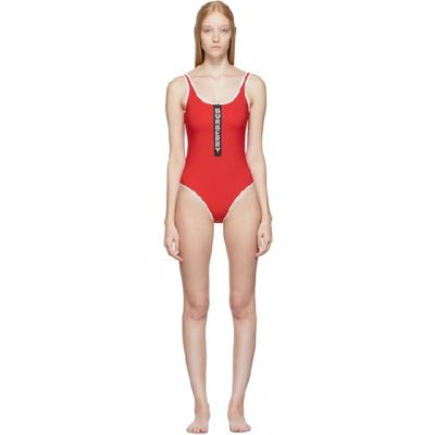 Burberry Logo Detail Zip-front Swimsuit In Bright Red