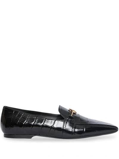Burberry Logo-embellished Glossed Croc-effect Leather Loafers In Black