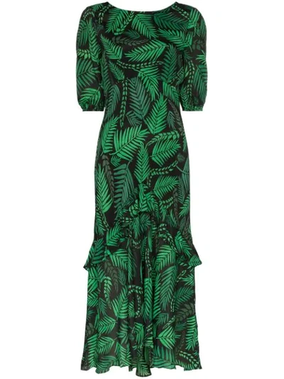 Rixo London Cheryl Ruffled Printed Silk Crepe De Chine Midi Dress In Green,black