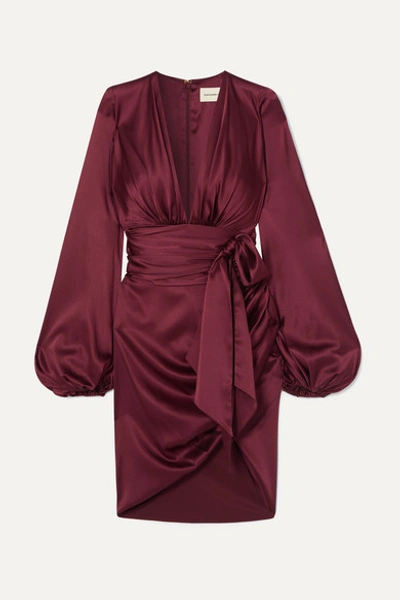 Alexandre Vauthier Ruched Tie-detailed Silk-blend Satin Mini Dress In Burgundy