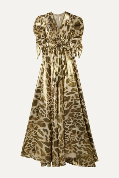 Naeem Khan Wrap-effect Leopard-print Silk-lamé Gown In Gold