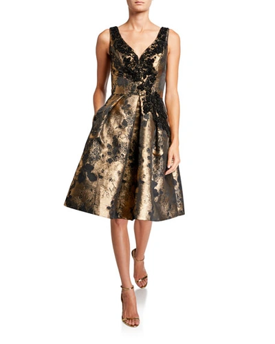 Theia V-neck Sleeveless Cocktail Dress With Appliques In Gold