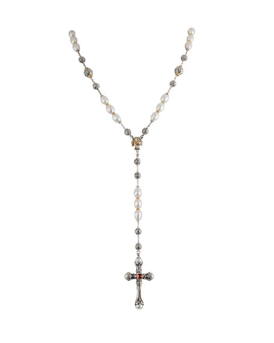 Konstantino Kleos Pearl Cross Lariat Necklace W/ Pink Tourmaline
